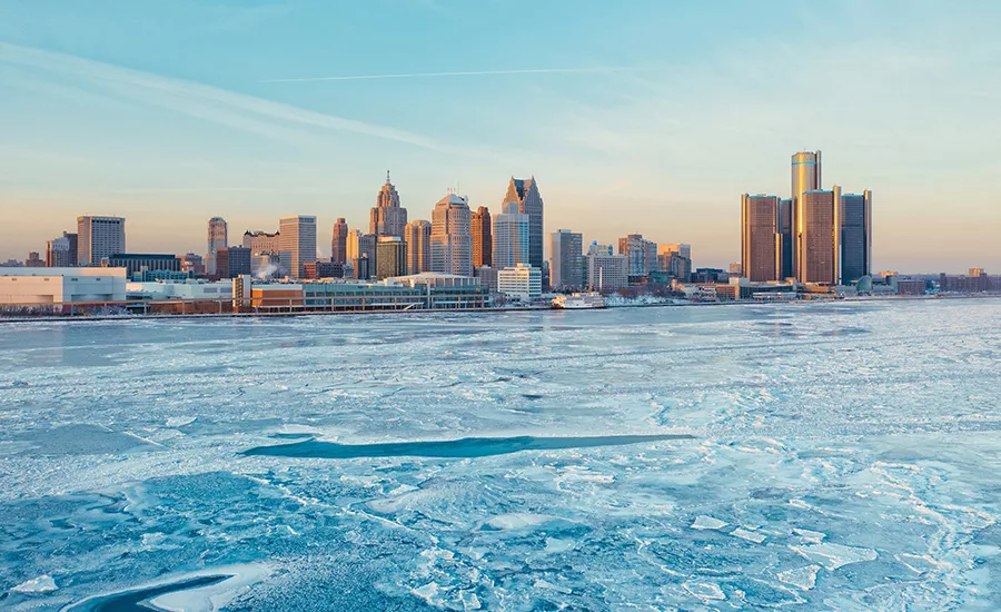 Cityscape, a river with ice