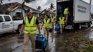 Restoration business deployed for hurricane response work Restoration crews deploy into a hurricane-damaged neighborhood, unloading equipment and preparing emergency response operations as recovery efforts begin after the storm