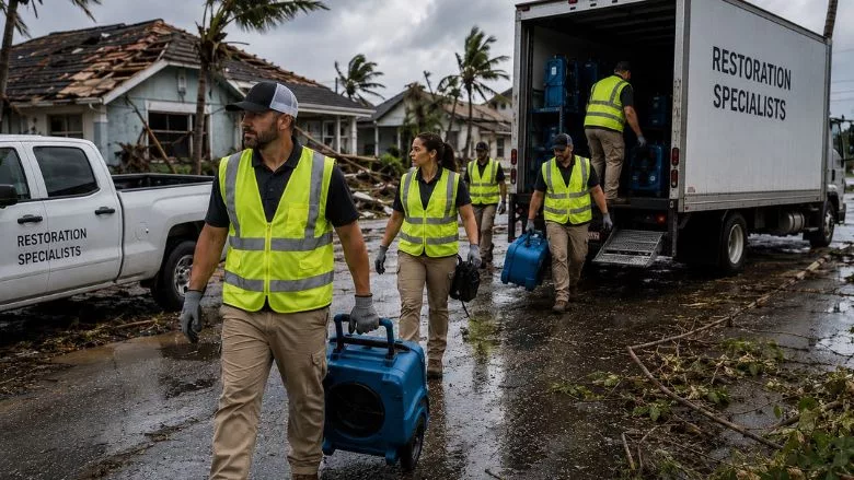 Restoration crews deploy into a hurricane-damaged neighborhood, unloading equipment and preparing emergency response operations as recovery efforts begin after the storm