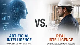 A conceptual illustration contrasts artificial intelligence with human expertise