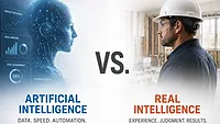 A conceptual illustration contrasts artificial intelligence with human expertise