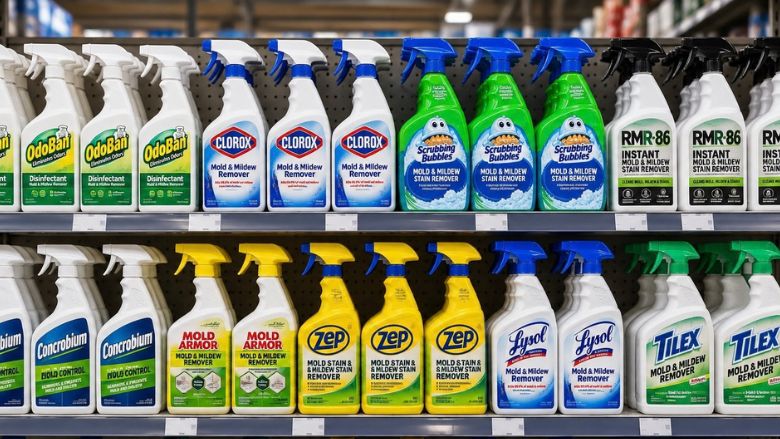 A neatly organized retail shelf displays a variety of mold and mildew cleaning, stain removal, odor control, and moisture-control products available for consumers