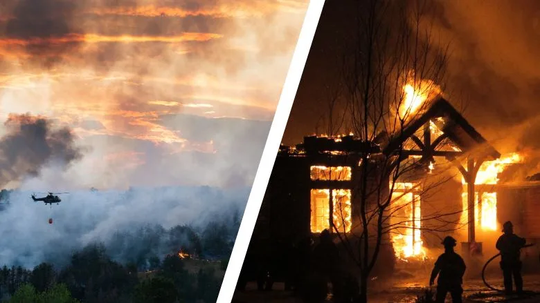 Wildfire and Structural Fire Response Split image showing a helicopter dropping water on a wildfire and firefighters battling a house fire.
