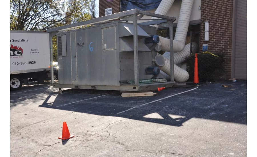 The 15,000 CFM desiccant and the 250 KW generator were set up and running by early evening on the same day the fire happened.