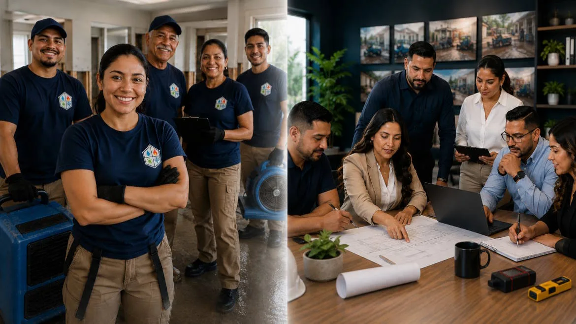 two sides of the restoration industry, with field technicians working on a restoration project on one side and professionals collaborating on planning and operations on the other