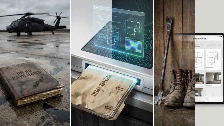 The military logbook on the flight line, the physical file entering the digital review process, and the finished evidence package on the other side.