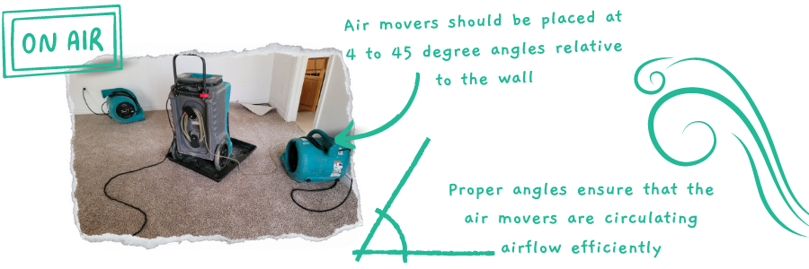Air movers should be placed at 4 to 45 degree angles relative to the wall