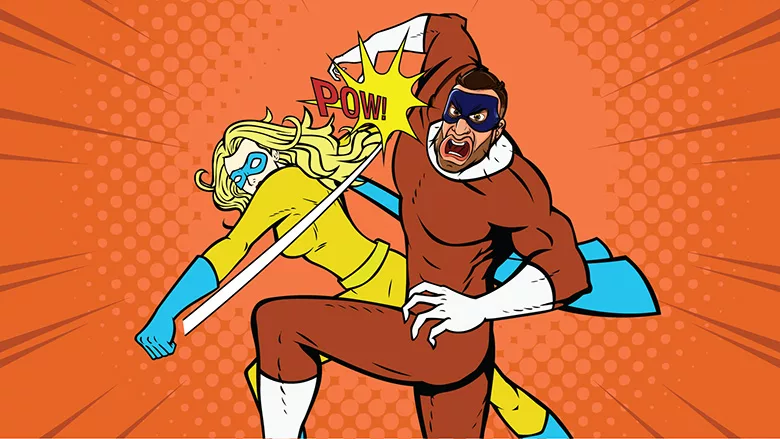 Pop Art Female Superhero Punches a Masked Villain