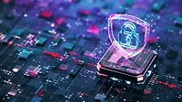 Digital shield firewall with central computer processor and futuristic motherboard