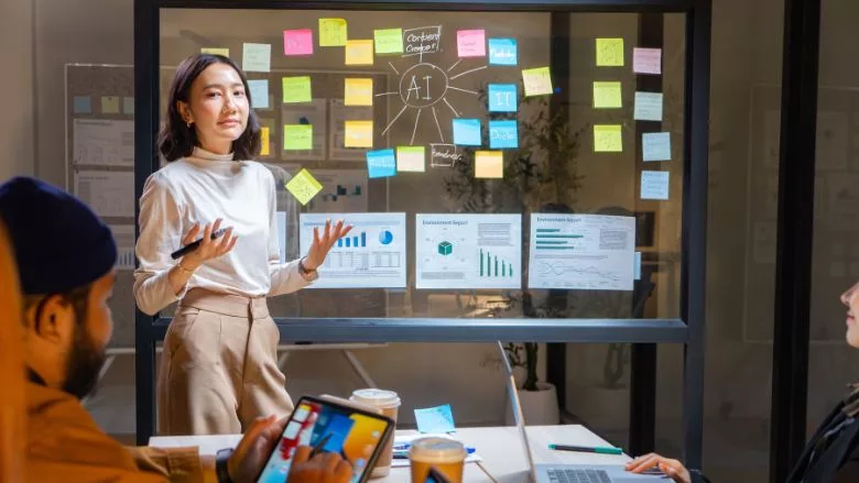 businesswoman giving presentation on AI