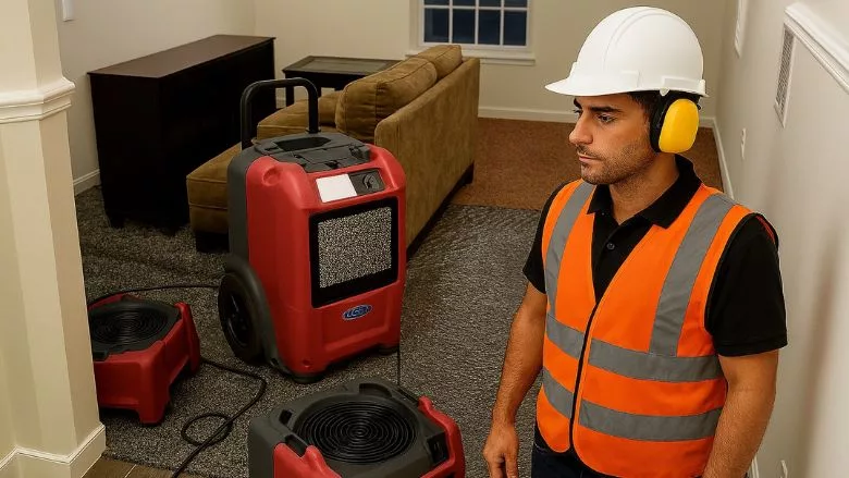 Contractor with hearing protection on jobsite with air movers
