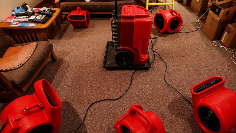 Water-damaged home being dried out with air movers and a dehumidifier