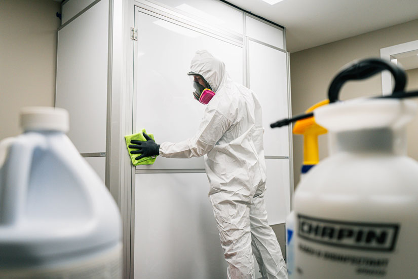 restoration technician wiping down surfaces with proper PPE