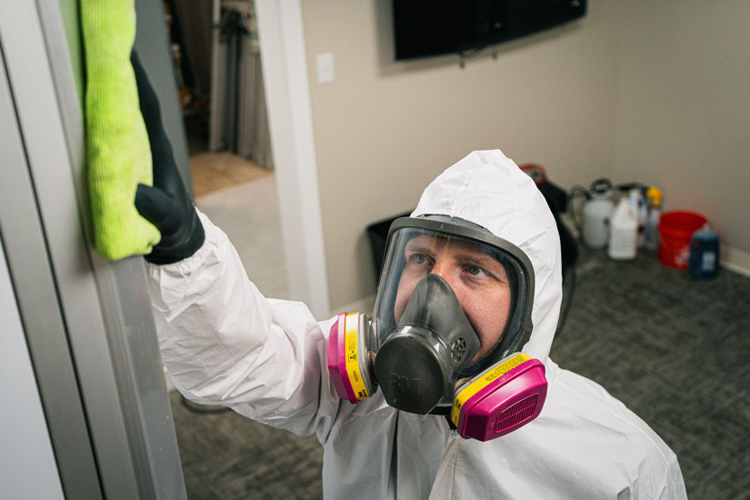 restoration technician in PPE with proper respirator and eye protection while cleaning