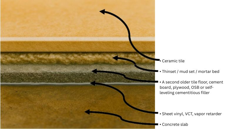 tile flooring system with layer breakdown