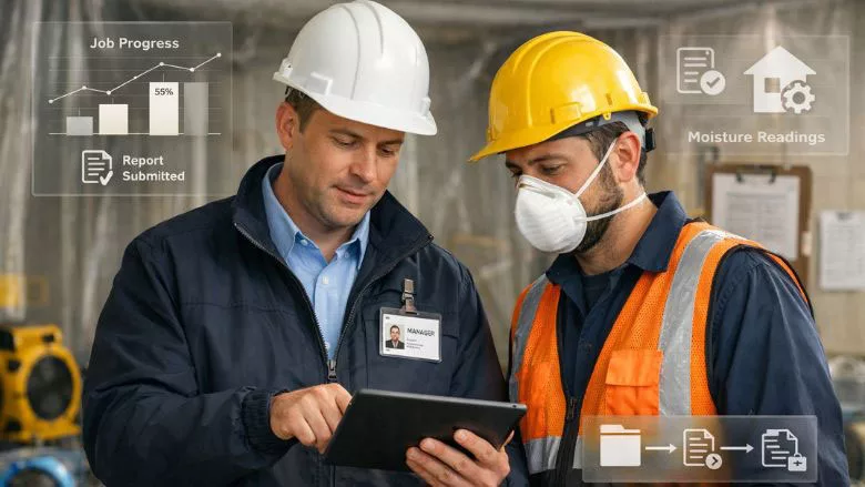 Contractors working and reviewing report