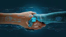 Humans shake hands with AI