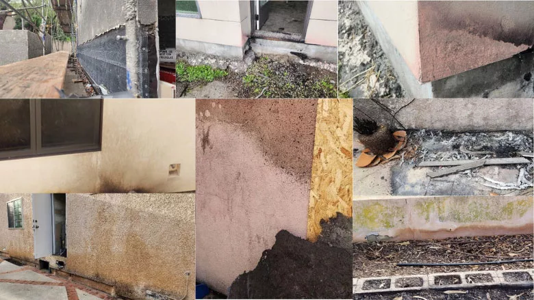 Photos from homes damaged by WUI Smoke entering stucco walls and hidden building cavities