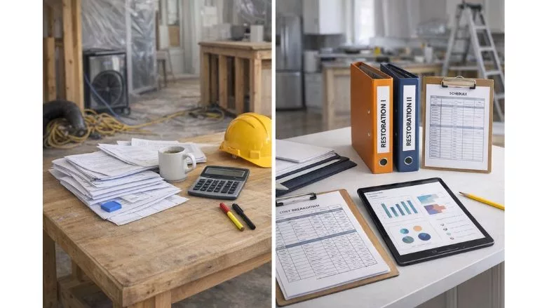 Restoration Jobsite Table before and after organization.