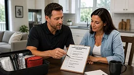 A contractor walks a homeowner through hurricane preparedness planning, including emergency supplies, documentation, and storm readiness checklists