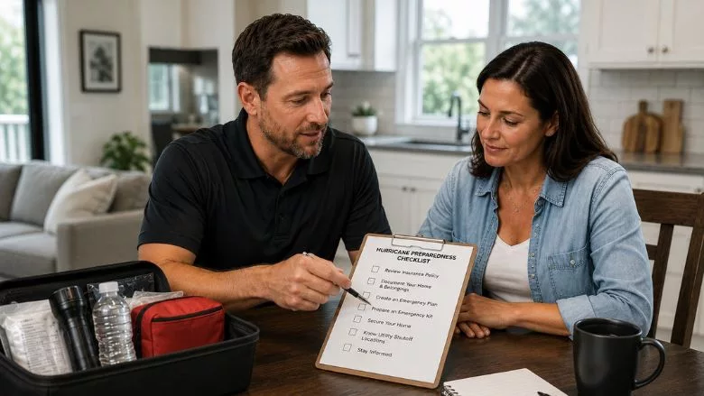 A contractor walks a homeowner through hurricane preparedness planning, including emergency supplies, documentation, and storm readiness checklists