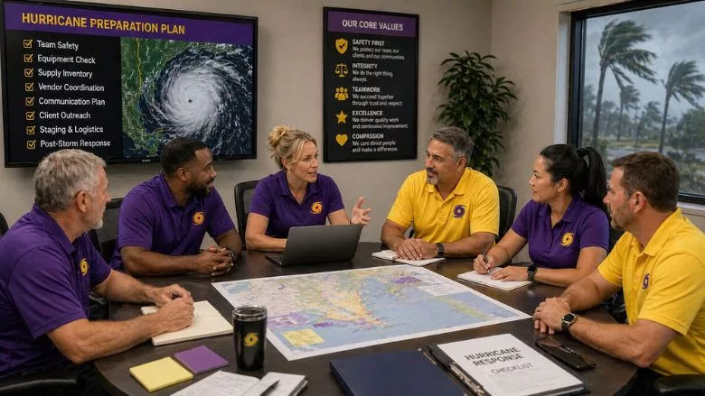 A diverse team of restoration professionals gathers around a conference table to plan hurricane response efforts, reviewing maps, checklists, and preparedness strategies 