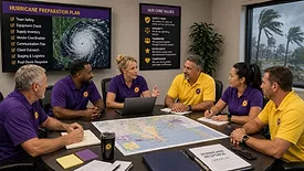 A diverse team of restoration professionals gathers around a conference table to plan hurricane response efforts, reviewing maps, checklists, and preparedness strategies 