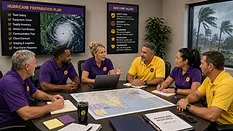 A diverse team of restoration professionals gathers around a conference table to plan hurricane response efforts, reviewing maps, checklists, and preparedness strategies 