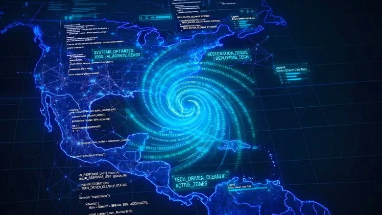 Digital view of the United States with a Hurricane and coding