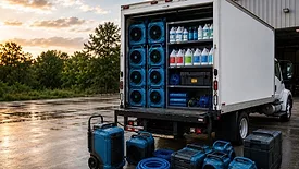 A professionally organized restoration response truck displays drying equipment, chemicals, and tools staged for emergency deployment