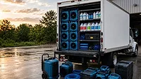restoration response truck A professionally organized restoration response truck displays drying equipment, chemicals, and tools staged for emergency deployment