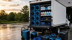 A professionally organized restoration response truck displays drying equipment, chemicals, and tools staged for emergency deployment