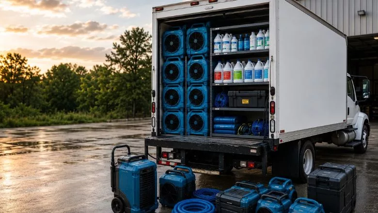 restoration response truck A professionally organized restoration response truck displays drying equipment, chemicals, and tools staged for emergency deployment