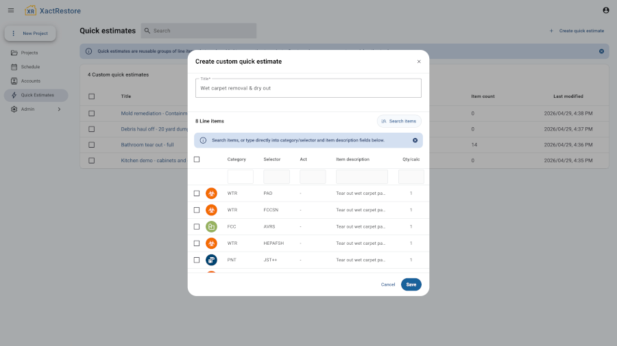 XactRestore’s custom quick estimates feature
