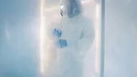Scientist in clean coat checking biohazardous substance Scientist in clean coat checking biohazardous substance