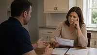 restoration contractor discusses remediation recommendations with a homeowner A restoration contractor discusses remediation recommendations with a homeowner at a kitchen table as the customer reviews paperwork and weighs a decision