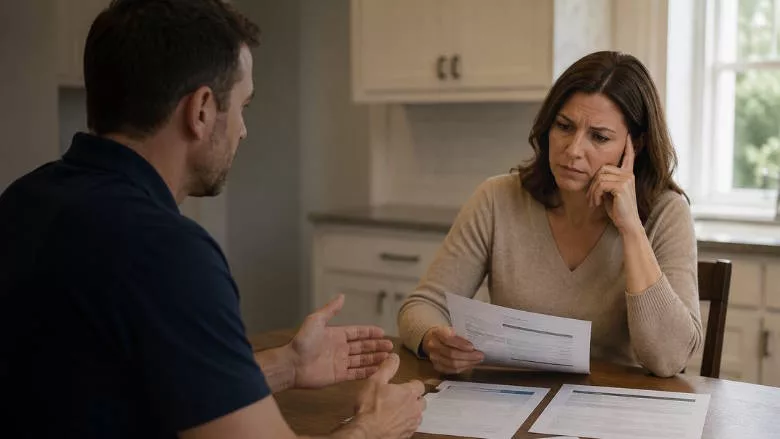 A restoration contractor discusses remediation recommendations with a homeowner at a kitchen table as the customer reviews paperwork and weighs a decision