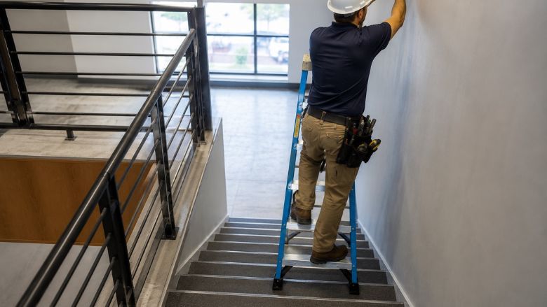 Contractor works from ladder positioned on a stairway beside an open stairwell