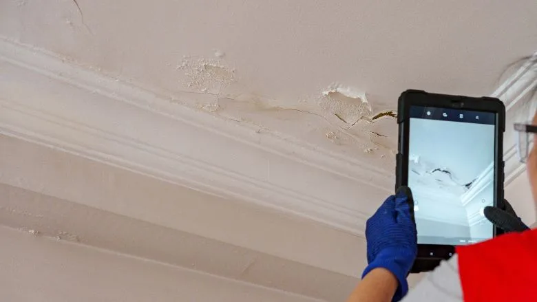 bubbling, peeling, and water-damaged plaster on a ceiling