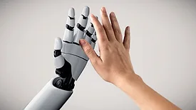 3D rendering of a robotic hand mirroring a human hand with their palms facing each other