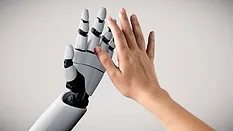 3D rendering of a robotic hand mirroring a human hand with their palms facing each other