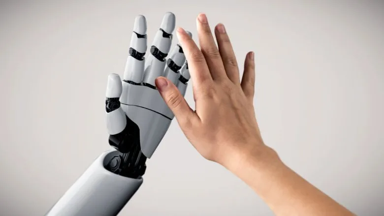 3D rendering of a robotic hand mirroring a human hand with their palms facing each other