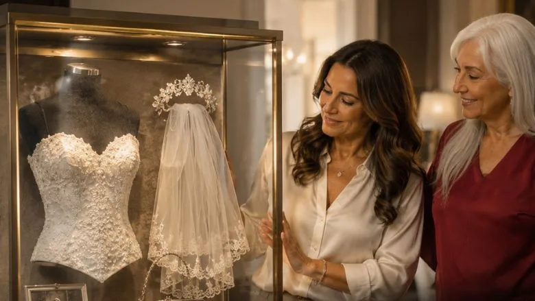 A homeowner and restoration professional standing together admiring a carefully restored wedding bodice, veil, headpiece, and purse