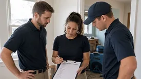 A group of restoration professionals are going over a checklist in the field