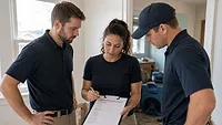 A group of restoration professionals are going over a checklist in the field