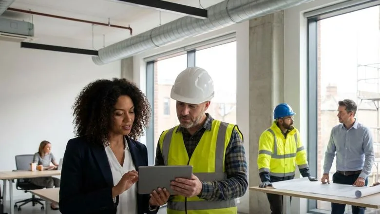 Contractor and female executive on jobsite conversing 
