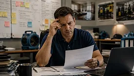restoration sales representative reviews job documents with a concerned expression