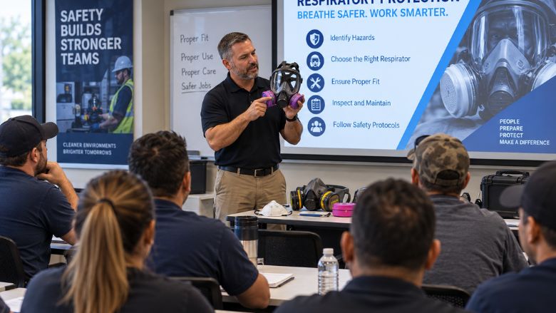 An instructor demonstrates proper respirator use in a classroom training session