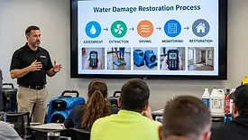 Restoration and cleaning professionals participate in a classroom training session focused on water damage restoration processes, equipment, and industry best practices
