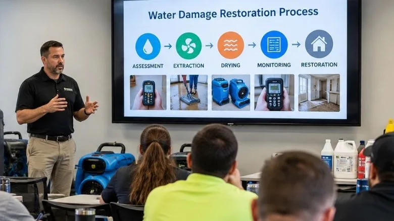 classroom training session for water damage restoration Restoration and cleaning professionals participate in a classroom training session focused on water damage restoration processes, equipment, and industry best practices